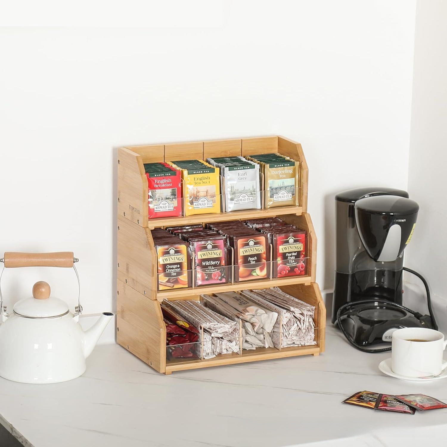 Coffee Tea Organizer - Bamboo Tea Bag Storage Box Three-layer