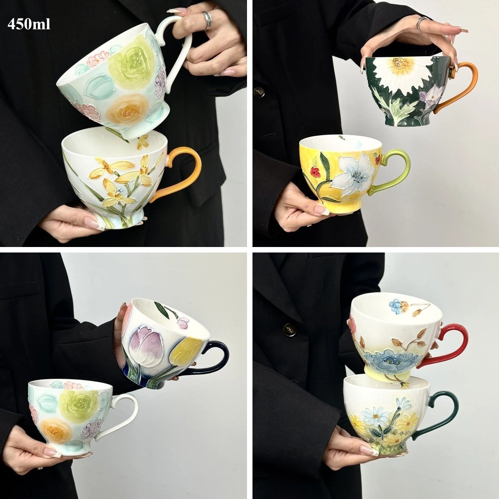 Coffee Tea Flower - Hand-Painted Relief Flower Ceramic Mug with